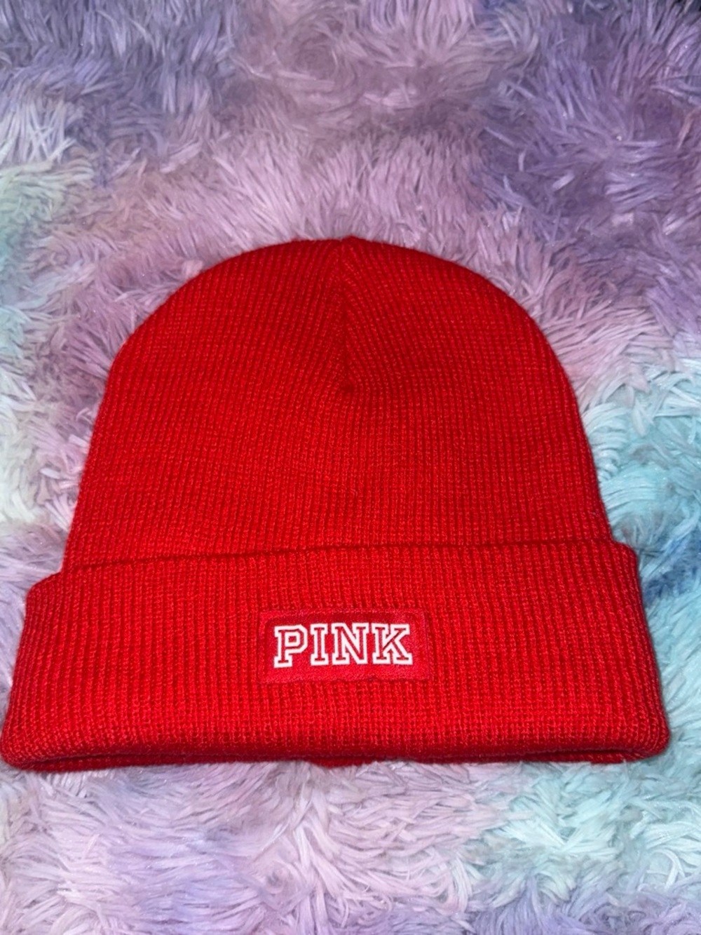 PINK Victoria's Secret Red Ribbed Beanie with Logo Cuff